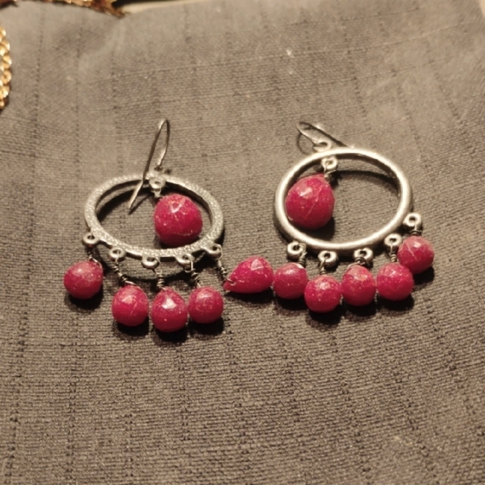 Silver And Burgundy Dangle Earrings